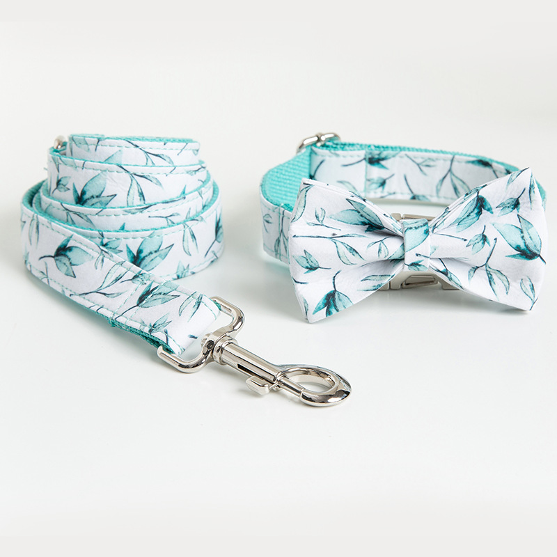 Personalized Adjustable Tree Leaf Printed Dog Collar Leash Set with Bow Tie Photo Color - Shop at LoveMi