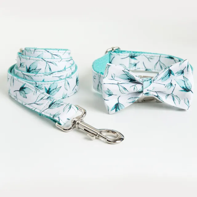 Personalized Adjustable Tree Leaf Printed Dog Collar Leash Set with Bow Tie Photo Color - Shop at LoveMi