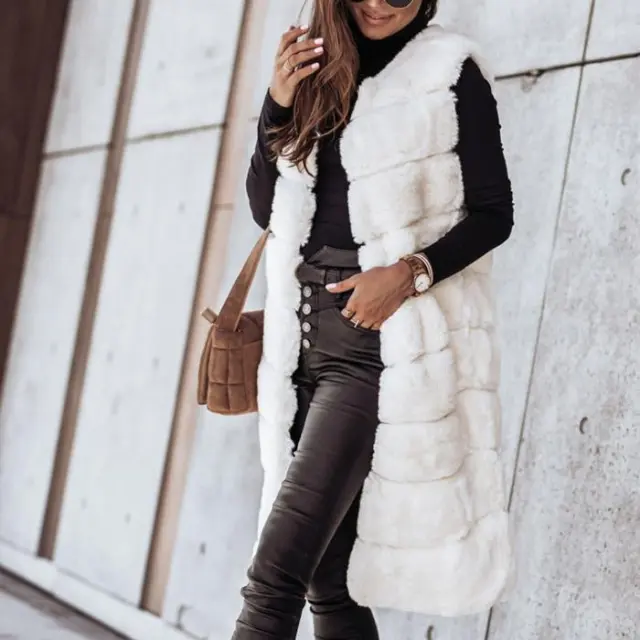 Long round neck fur vest jacket White - Shop at LoveMi