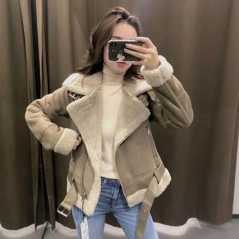Women's Suede thick warm lambskin coat - Khaki