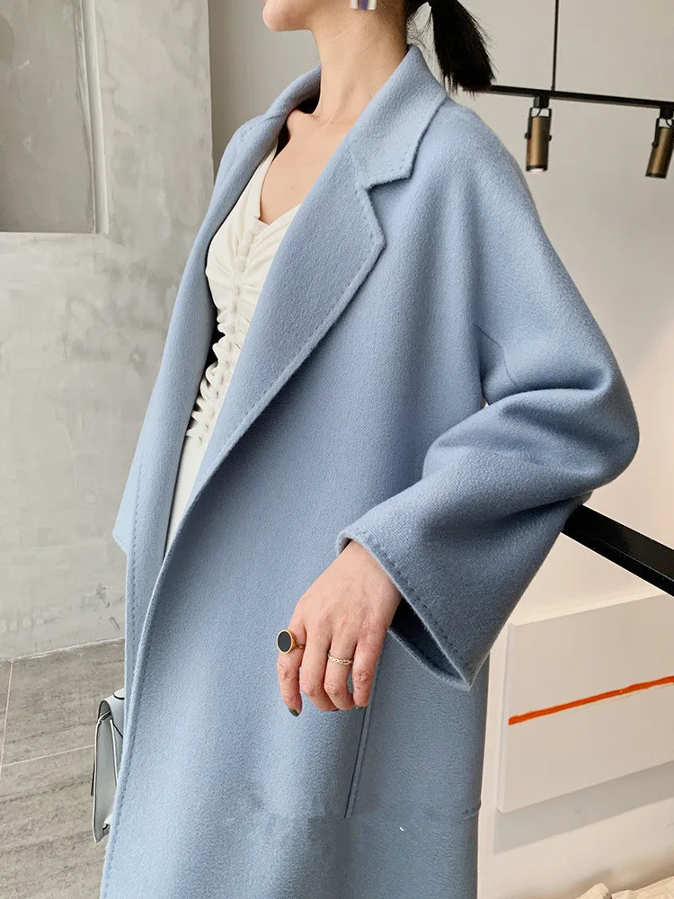 Loose water wave double face cashmere coat - Light Blue