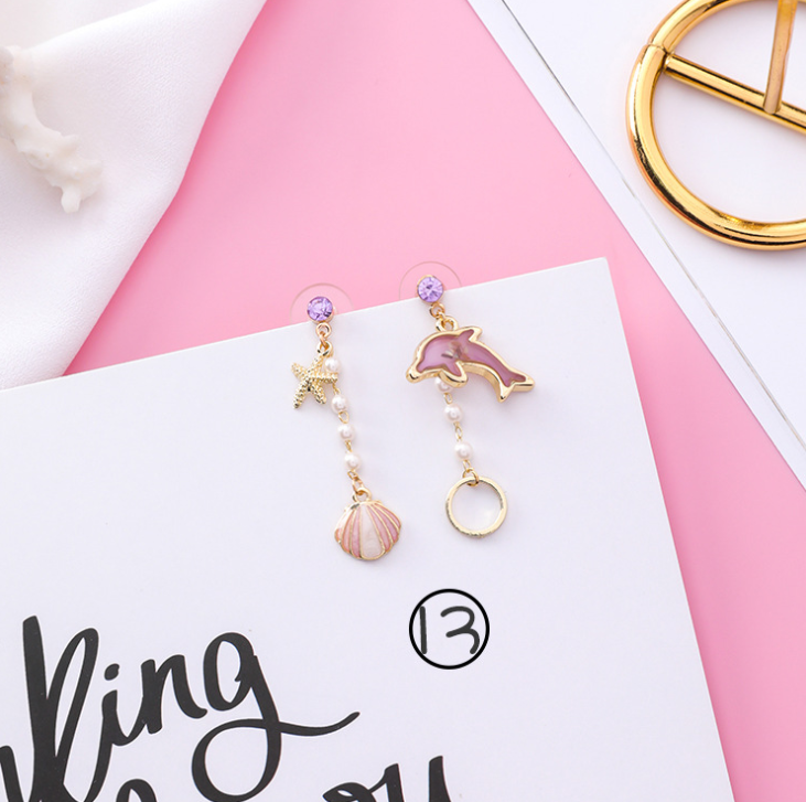 Japanese cartoon asymmetrical seaside holiday wind starfish shell pearl earrings wild cute color earrings earrings