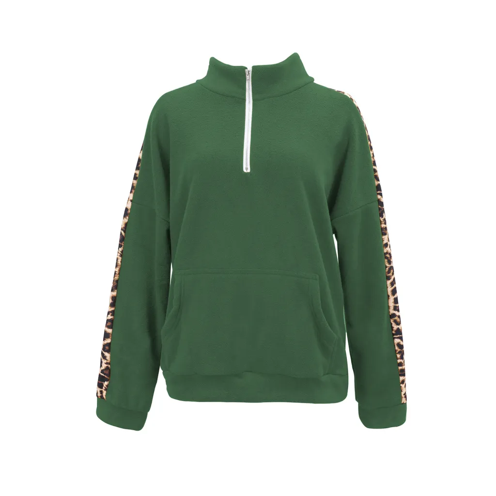 Hoodie leopard print patchwork top - Dark Green