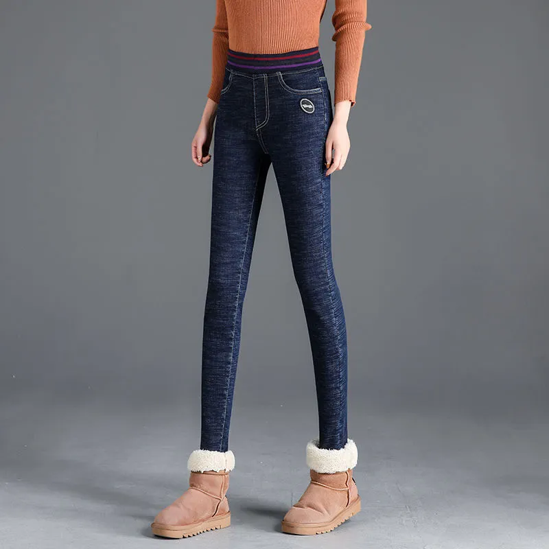 Women's warm stretch and velvet elastic waist jeans for winter - Navy