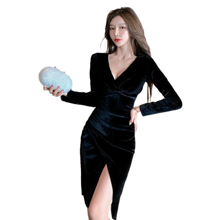 Long sleeve velvet low-cut slit dress dress