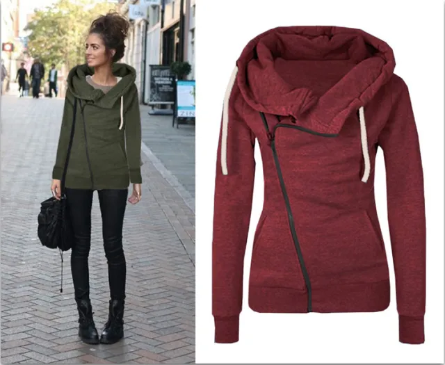 Oblique zipper solid color hooded ladies sweater Red - Shop at LoveMi
