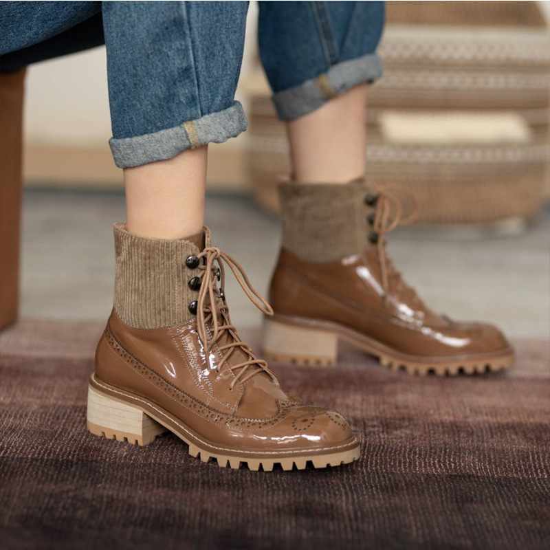 Fashion lace round toe all-match thick heel short boots