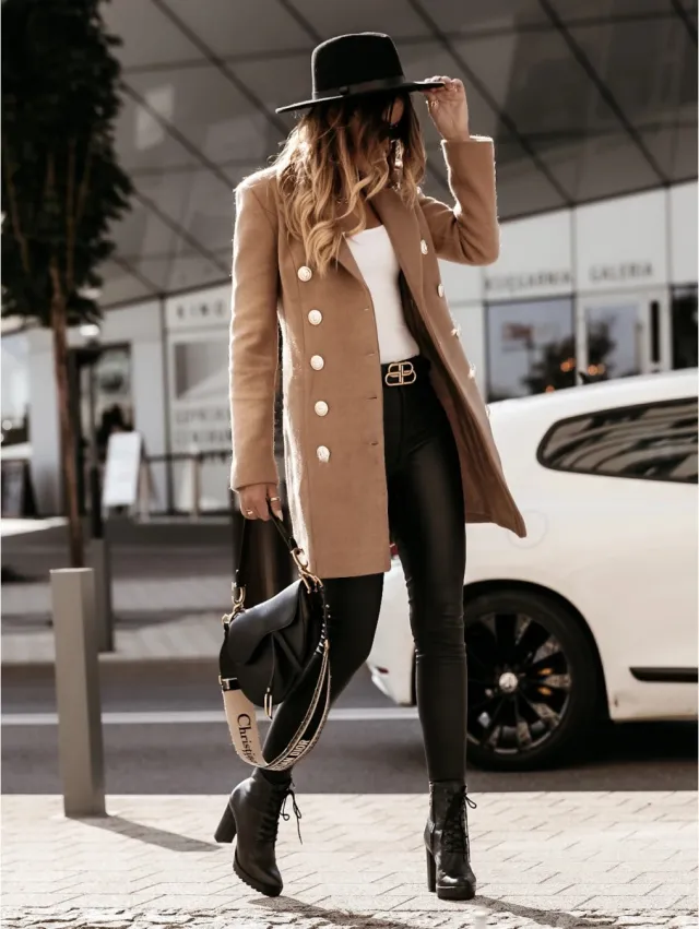 Long sleeved Suit Collar Double breasted Coat Coat Women Khaki - Shop at LoveMi