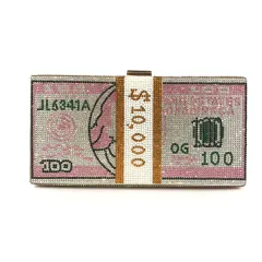 Women Crystal Diamond Cash Dollars Clutch Purses Chain Handbags - Pink - View 1