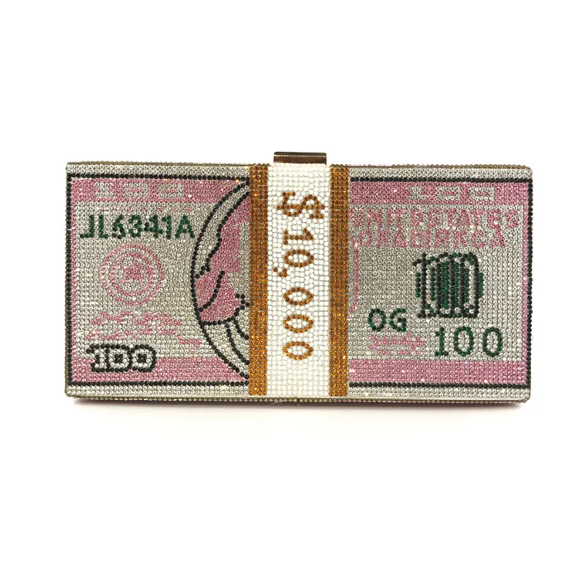 Women Crystal Diamond Cash Dollars Clutch Purses Chain Handbags - Pink