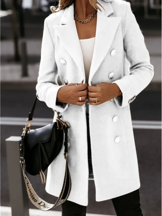 Long sleeved Suit Collar Double breasted Coat Coat Women White - Shop at LoveMi