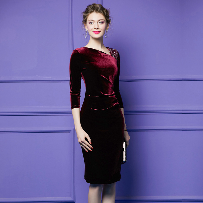 Pleated three-quarter sleeve temperament dress