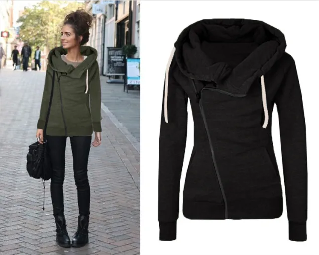 Oblique zipper solid color hooded ladies sweater Black - Shop at LoveMi