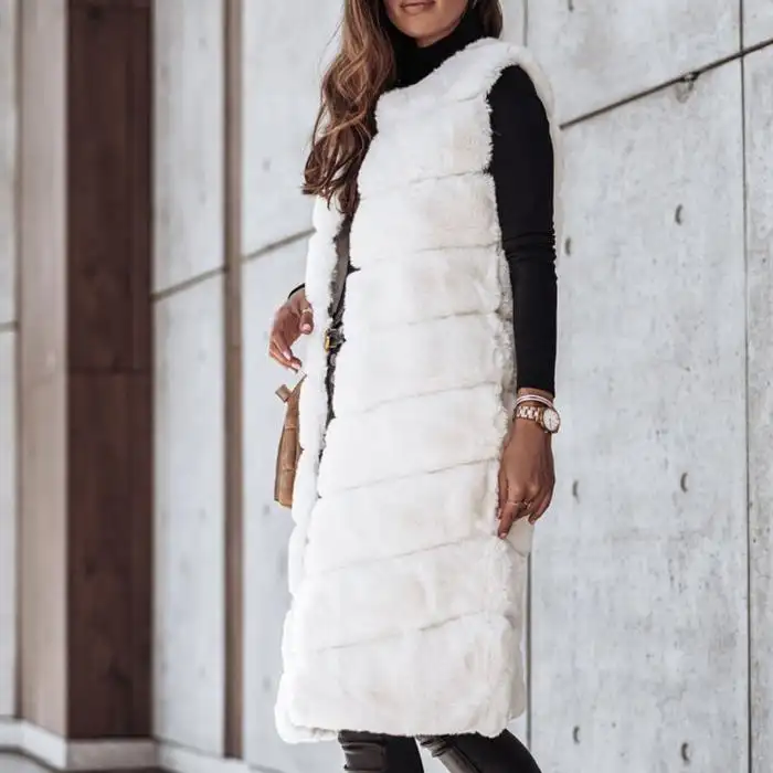 Long round neck fur vest jacket