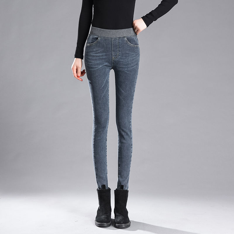 Women's warm stretch and velvet elastic waist jeans for winter Grey - Shop at LoveMi