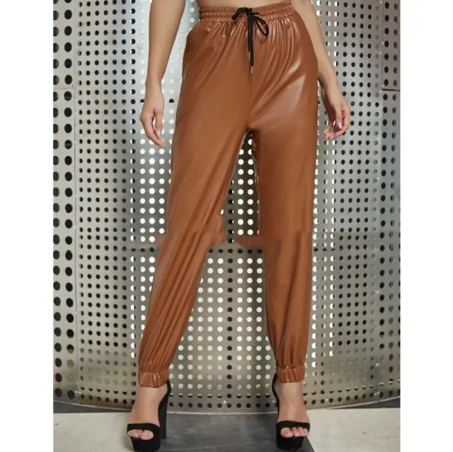 Women's loose solid color high elastic PU leather pants Brown - Shop at LoveMi