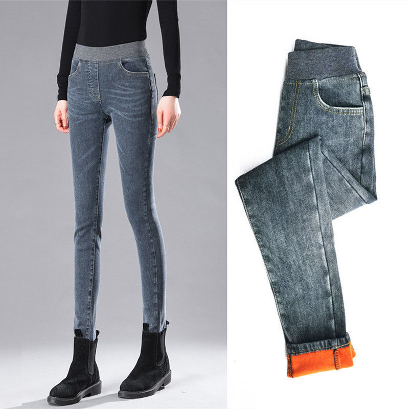Women's warm stretch and velvet elastic waist jeans for winter Gray - Shop at LoveMi