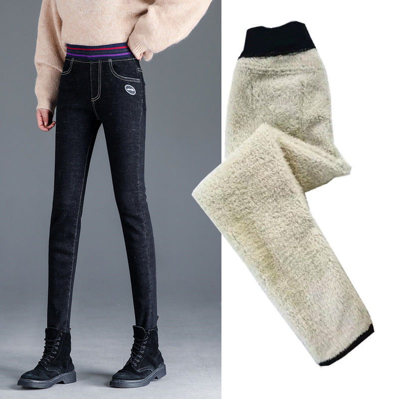 Women's warm stretch and velvet elastic waist jeans for winter