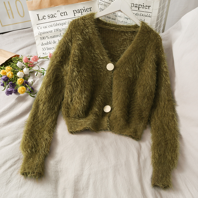 Korean version of plush short V-neck two button cardigan