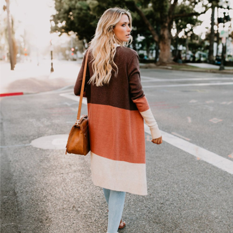 Long-sleeved tri-color stitching cardigan