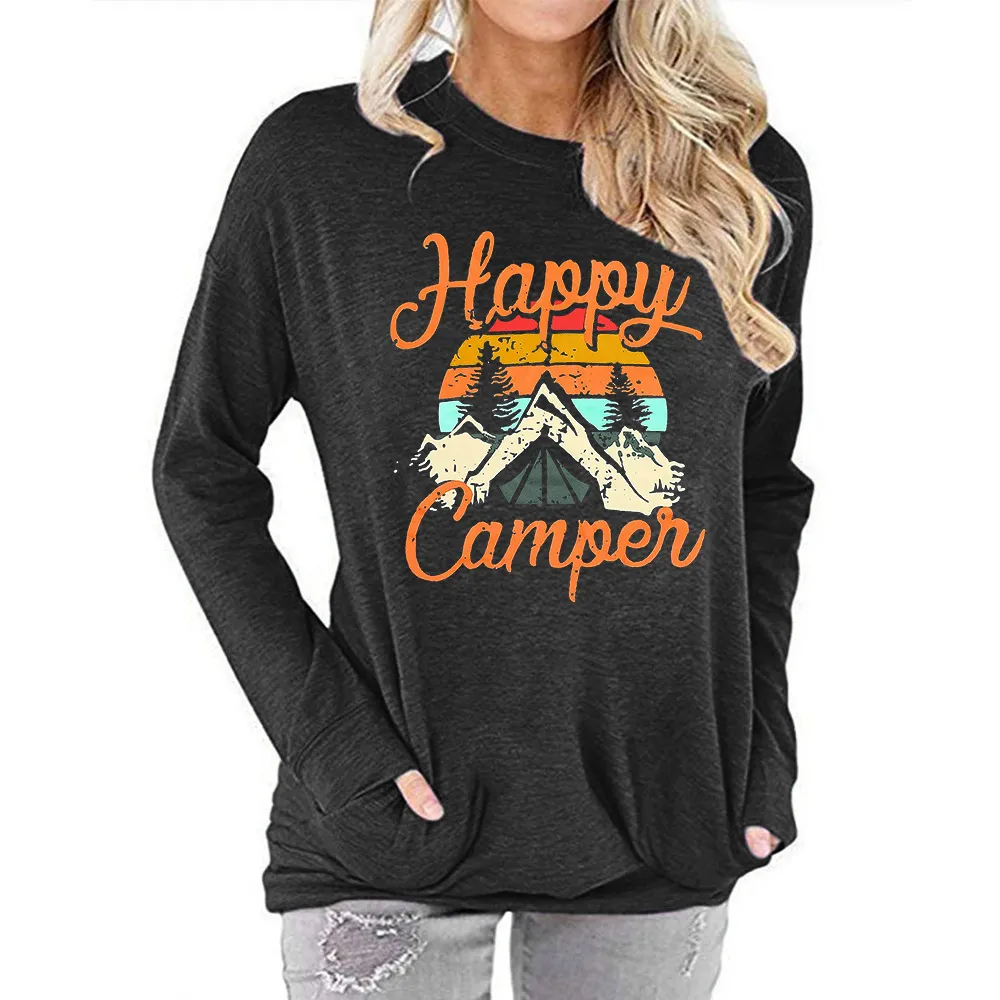 Bat Sleeve Round Neck Long Sleeve T-shirt Letter Pattern Printed Sweater With Pockets - Dark Grey
