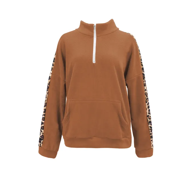Hoodie leopard print patchwork top Coffee - Shop at LoveMi