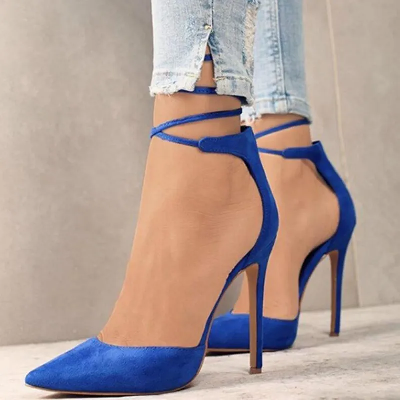 One-line buckle high heel sandals plus size - Blue