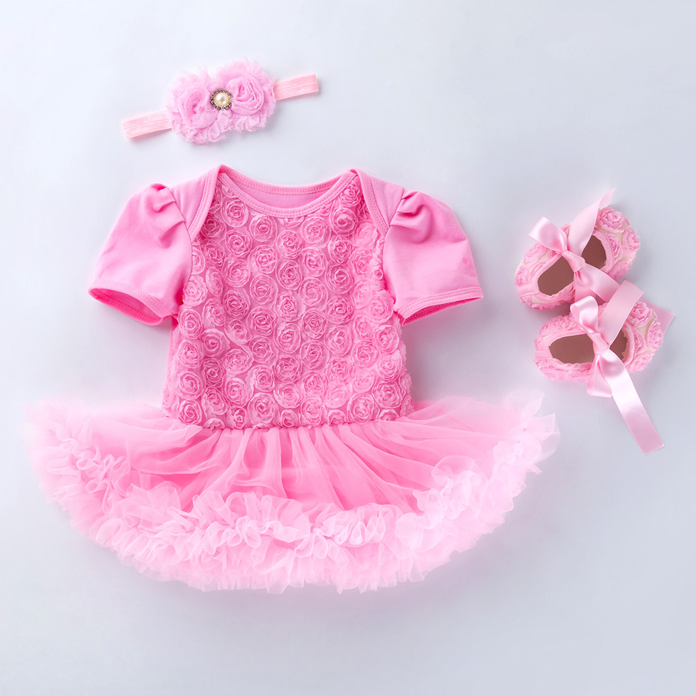 Three-piece composite rose short-sleeved dress and shoes