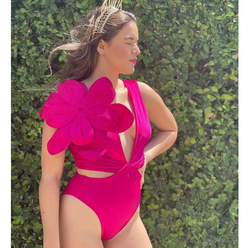 Solid Color One-piece Swimsuit Heavy Industry Line Pressing Flower Sleeveless High Waist Swimsuit
