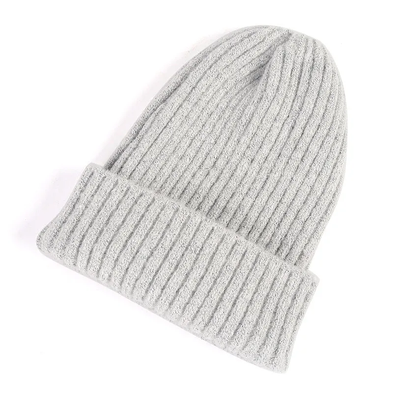 Pure color striped all-match knitted hat - Light Grey