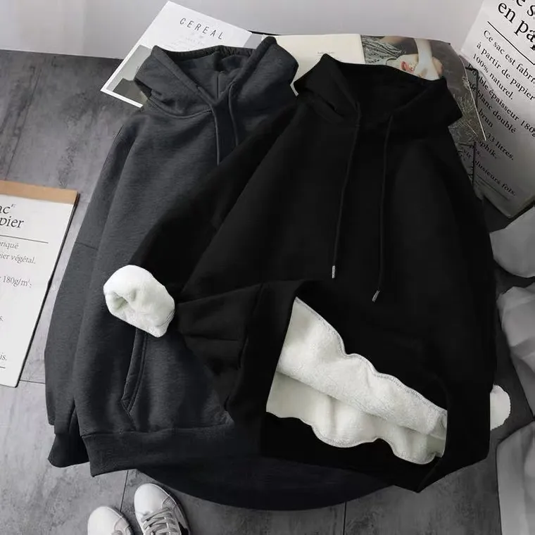 Women's autumn and winter plus fleece hooded sweater - Black
