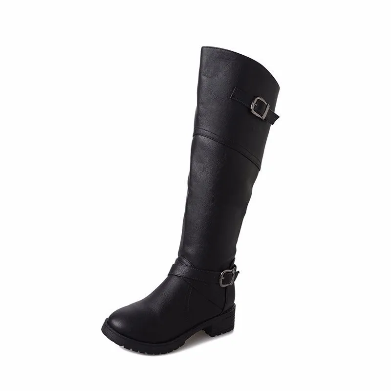 Women's shoes with large belt buckle and Knee Boots - Black