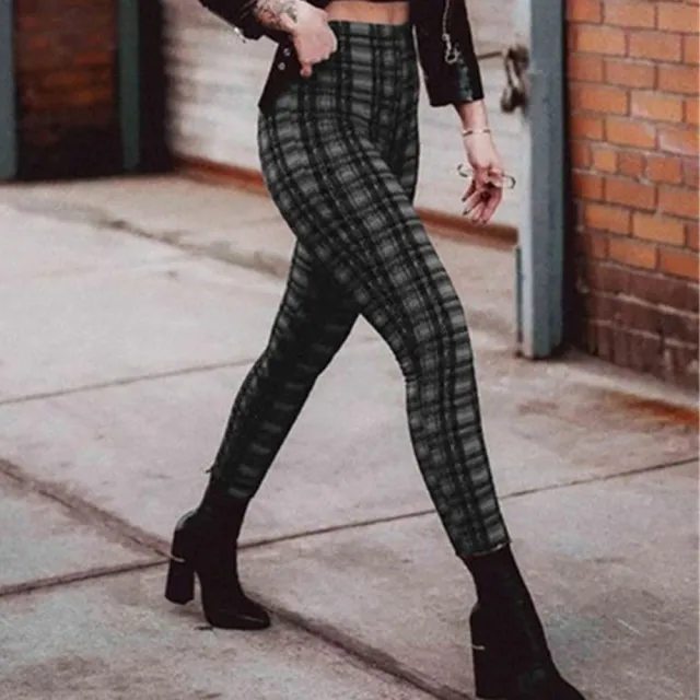 Plaid high waist leggings women casual pants Grey - Shop at LoveMi
