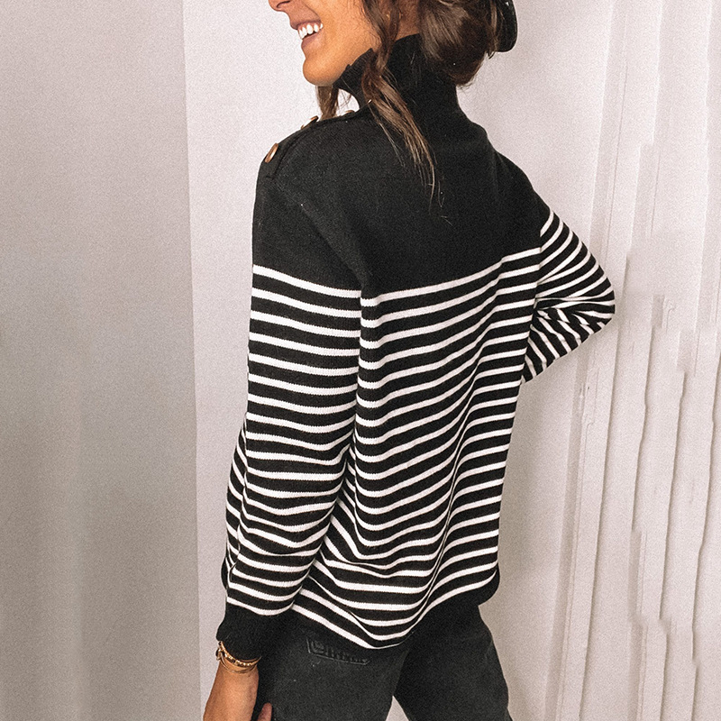 Ladies warm striped high neck knitted pullover sweater