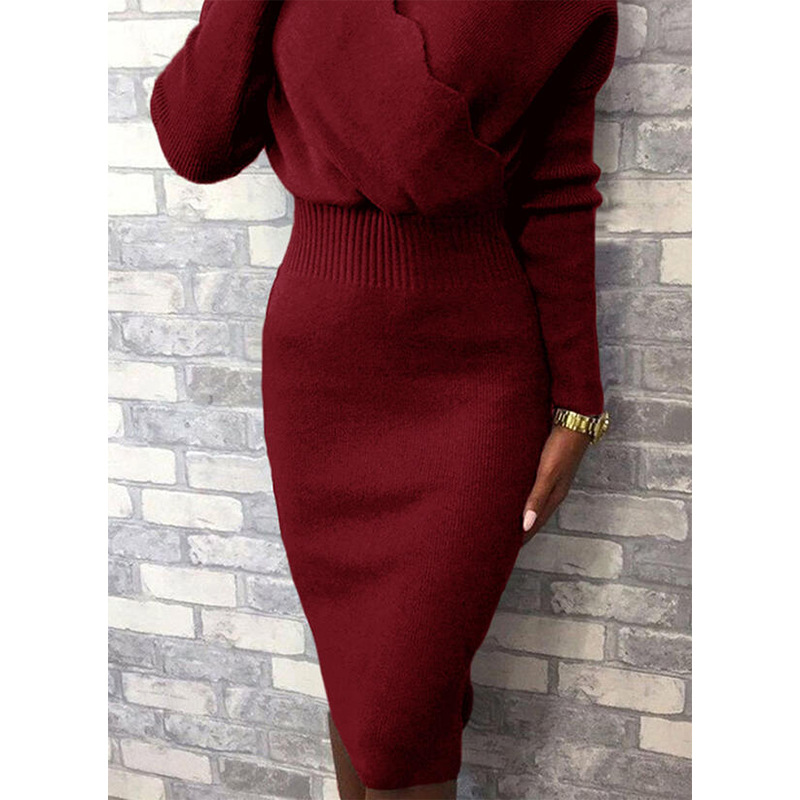 Solid color lace long sleeve high waist knitted dress