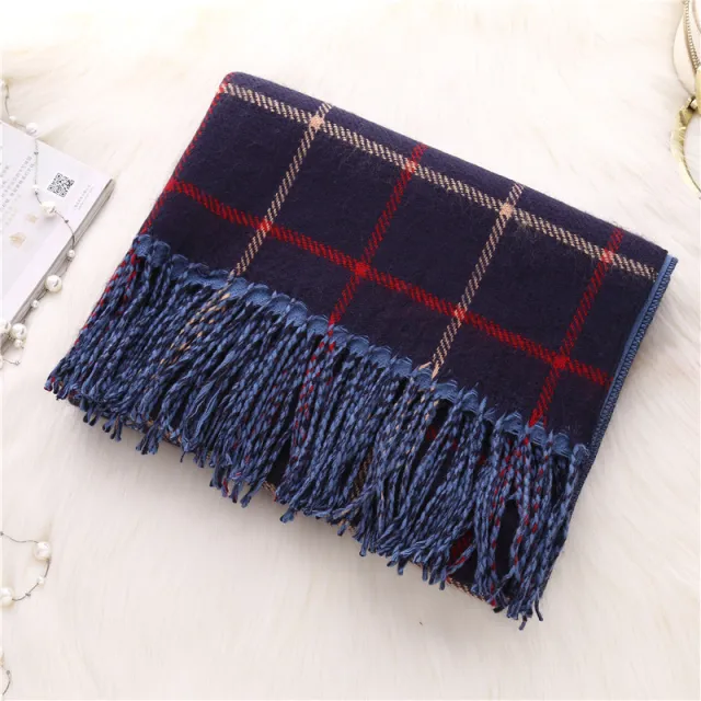 Double sided plaid scarf women Navy Blue - Shop at LoveMi