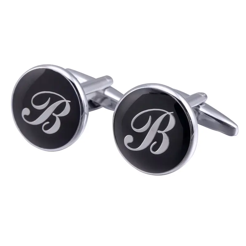 French Cufflinks Black Round Enamel Traditional Letter