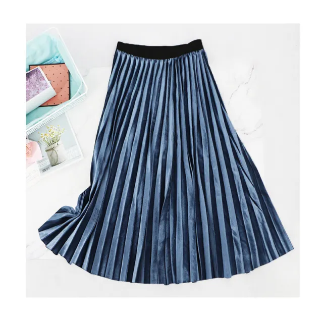 High waist slim velvet pleated skirt Blue - Shop at LoveMi