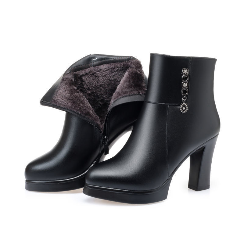 Plush leather high heel boots