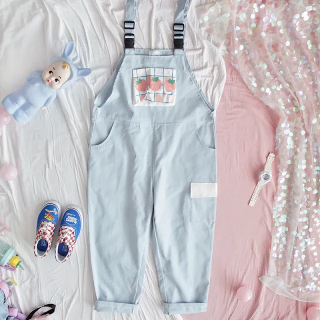 Girly Japanese small cream strawberry high waist jumpsuit Cream - Shop at LoveMi