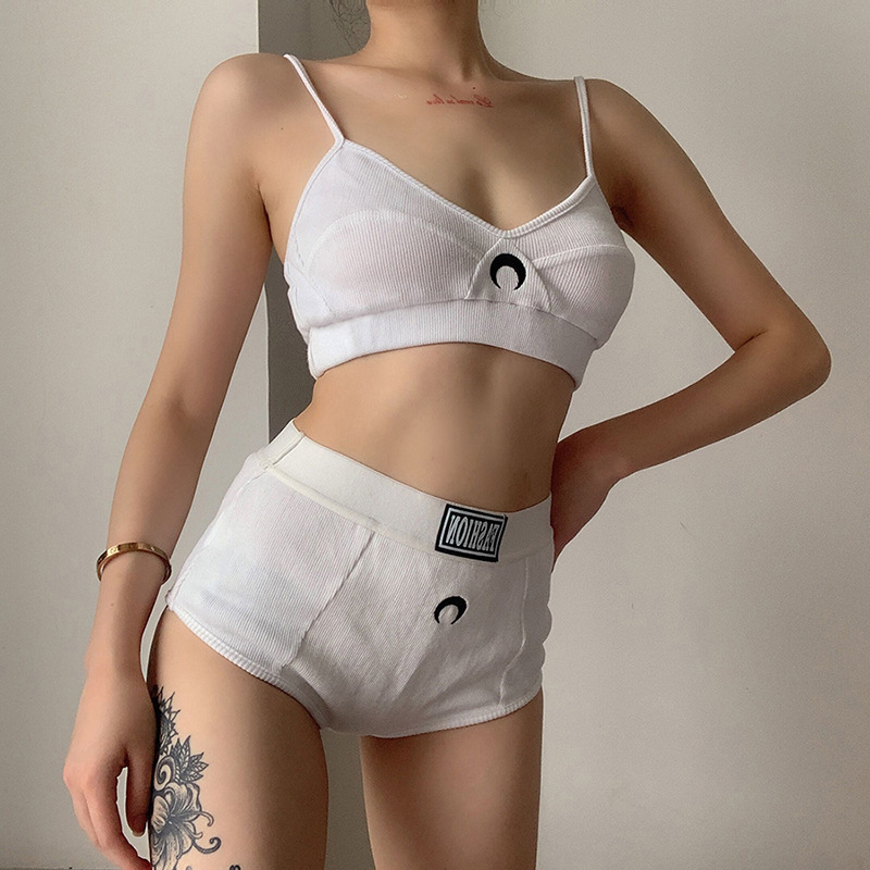 Moon embroidered crop top and shorts two-piece suit