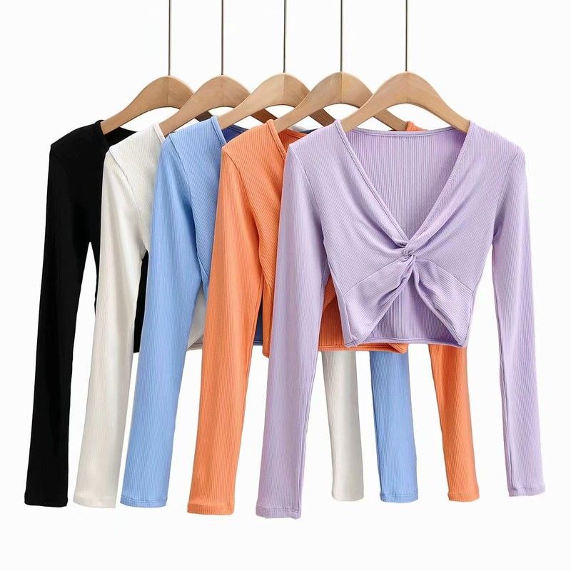 Pullover v-neck long sleeves cross pleated slim crop top