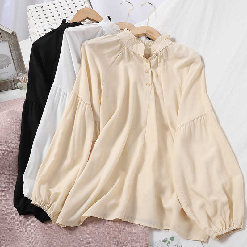 Fashion buttoned fungus stand collar lantern sleeve shirt