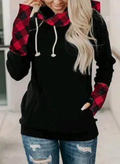 Women's colour block hooded street style pullover sweater - Black Plaid - View 1