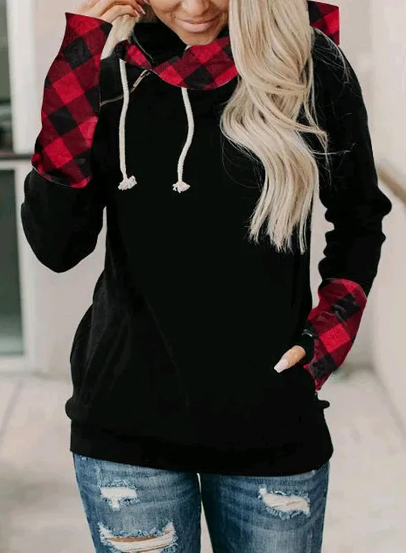 Women's color block hooded street style pullover sweater Black Plaid - Shop at LoveMi