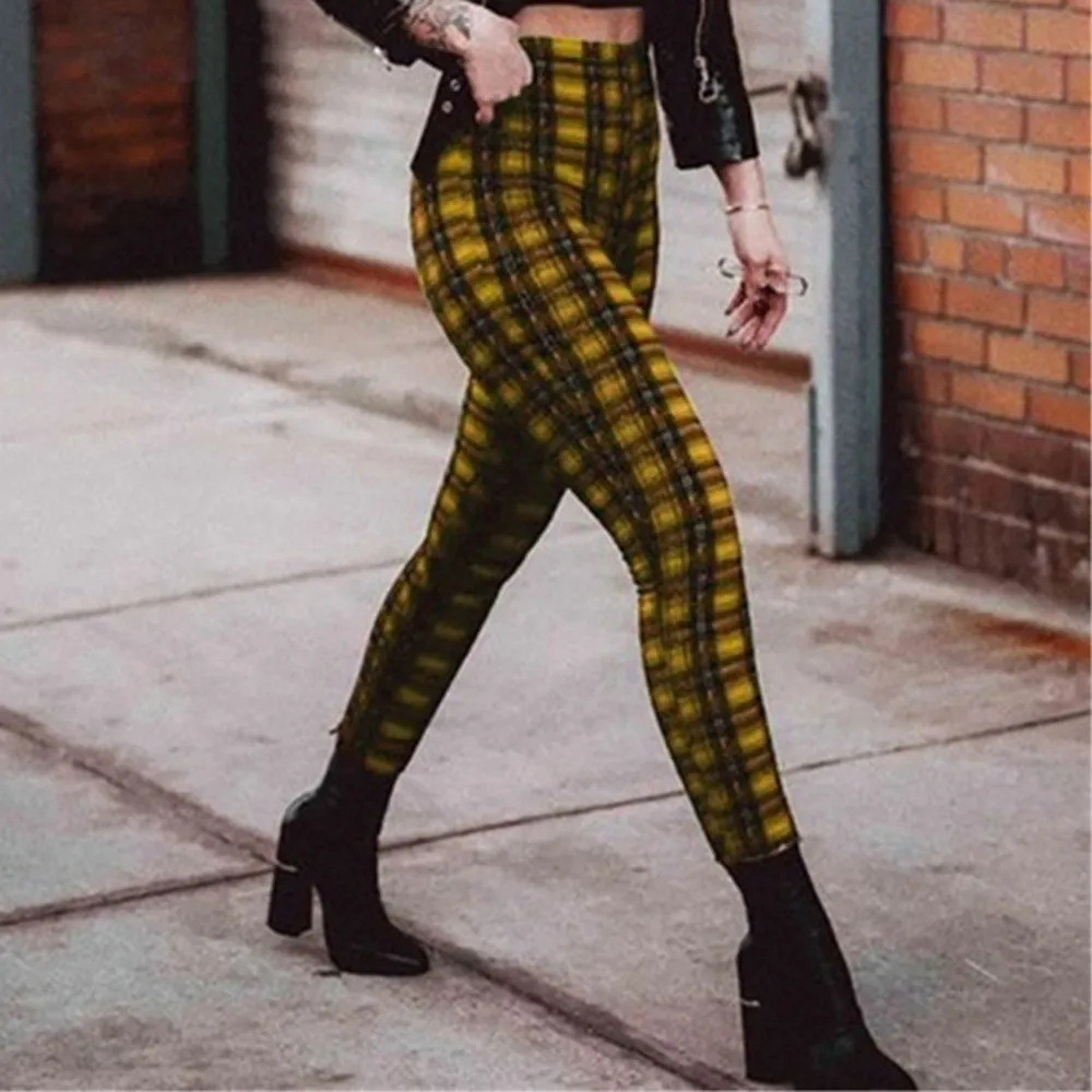 Plaid high waist leggings women casual pants - Yellow