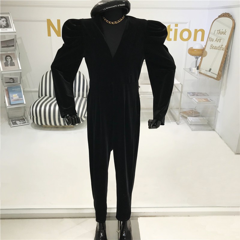 Velvet V-Neck Puff-Sleeve Jumpsuit, picture 2 of 7