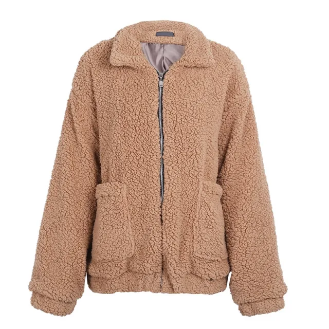 Faux lambswool oversized jacket coat Winter black warm hairly jacket Women autumn outerwear Khaki - Shop at LoveMi