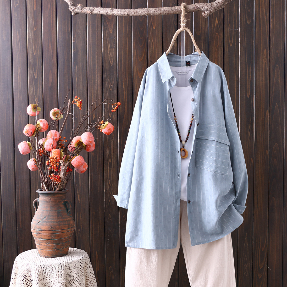 Cotton jacquard striped casual long-sleeved shirt