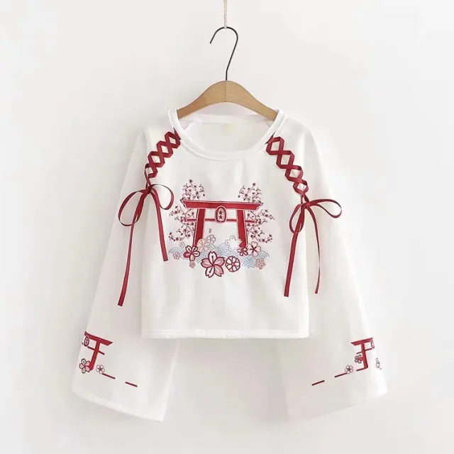 Literary bow tie embroidery plus velvet short sweater White - Shop at LoveMi